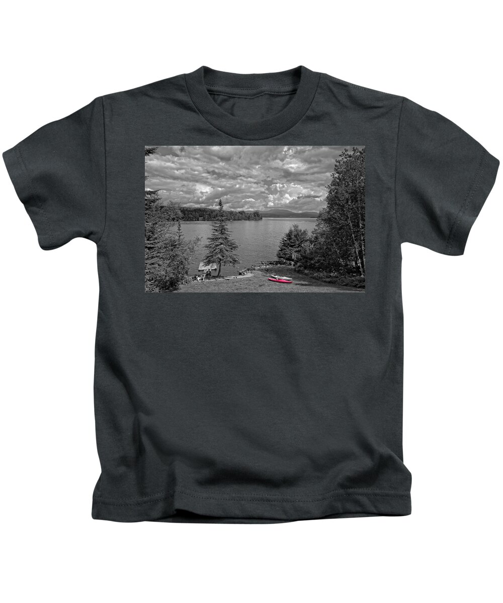 Lake Kids T-Shirt featuring the photograph Black and White and Red Kayak by Russel Considine