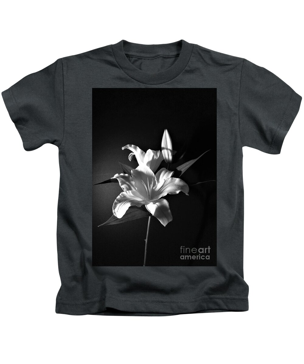 Black And White Kids T-Shirt featuring the photograph Black and White Lily Flower for Home Decor Wall Prints by Delynn Addams