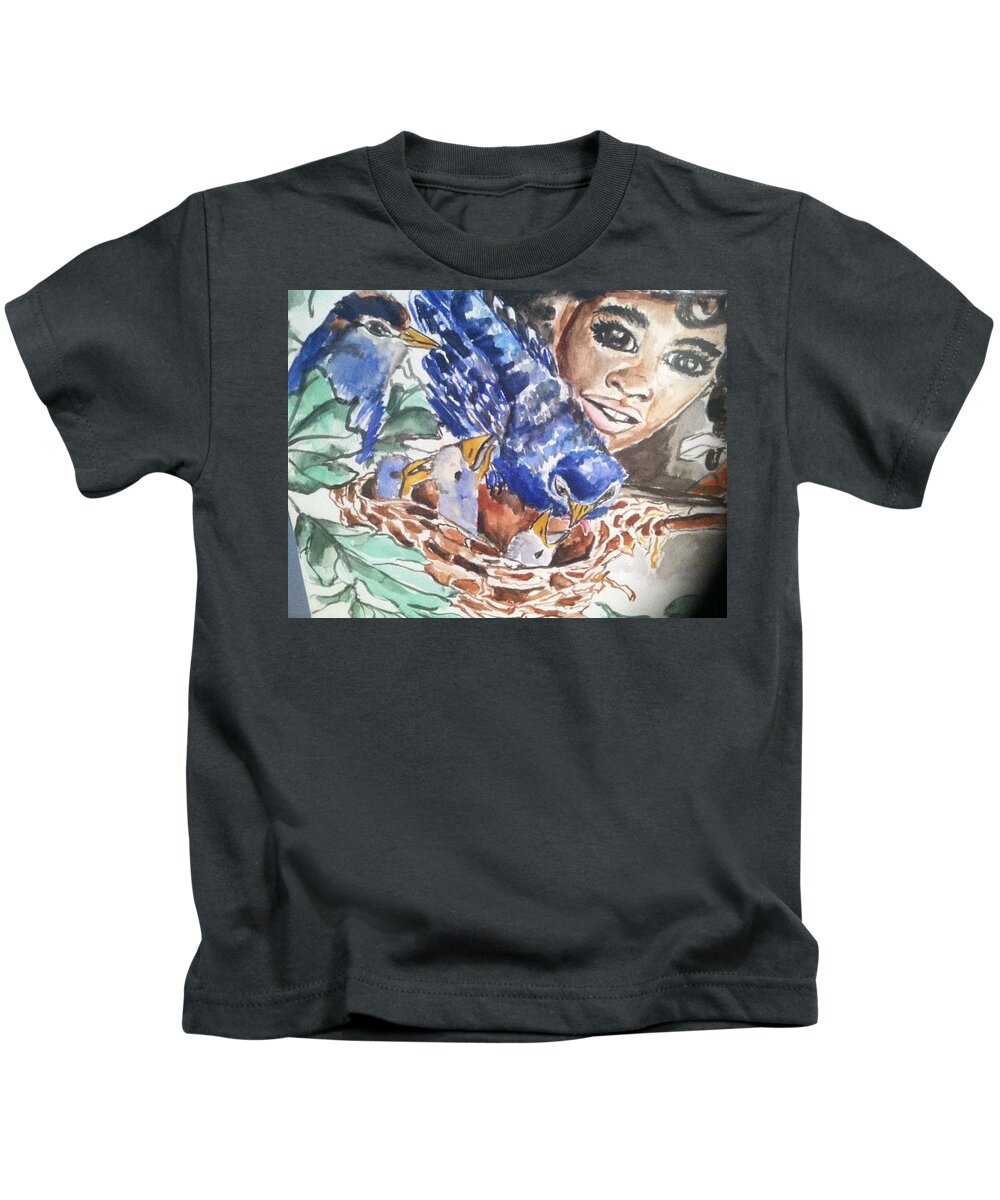  Kids T-Shirt featuring the painting Blue Birds by Angie ONeal