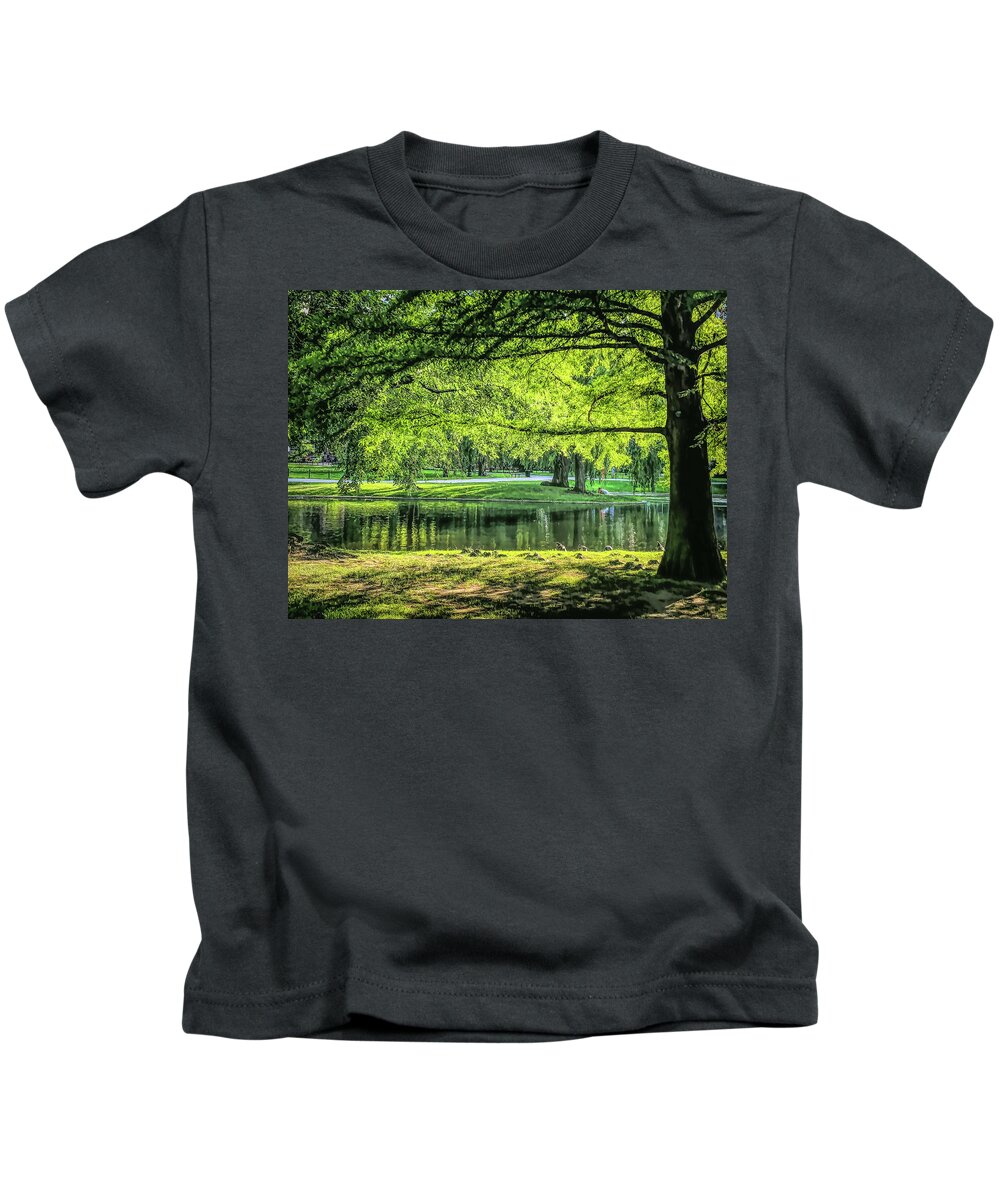  Kids T-Shirt featuring the digital art Boston Common by Cindy Greenstein
