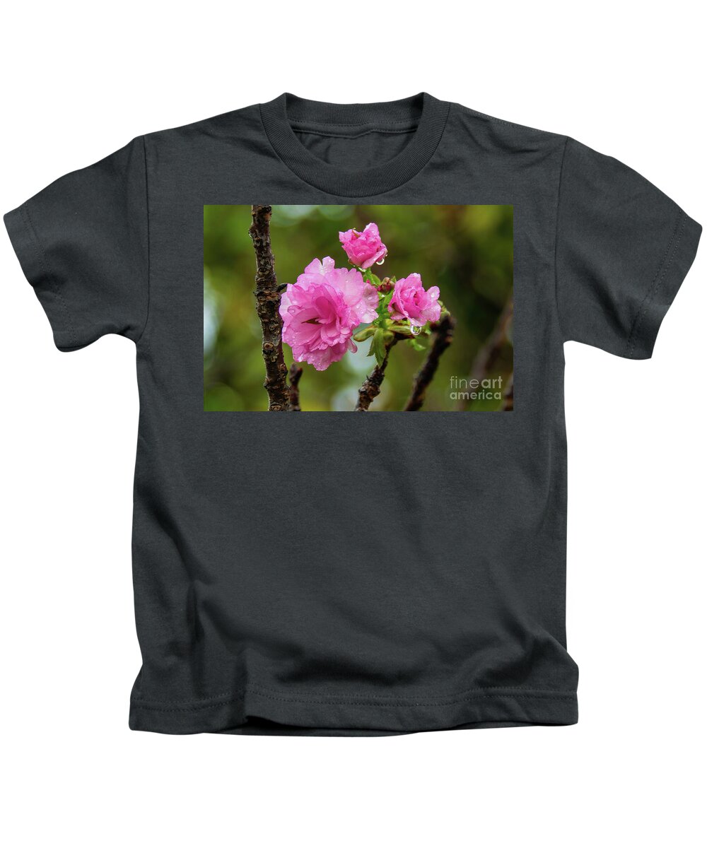 Cherry Kids T-Shirt featuring the photograph Brand New Blossoms in The Rain by Diana Mary Sharpton