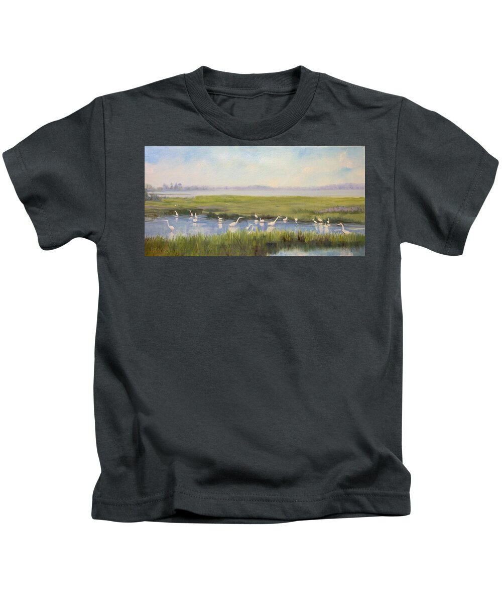 Impressionistic Marsh Kids T-Shirt featuring the painting Breakfast Bar by Maggii Sarfaty