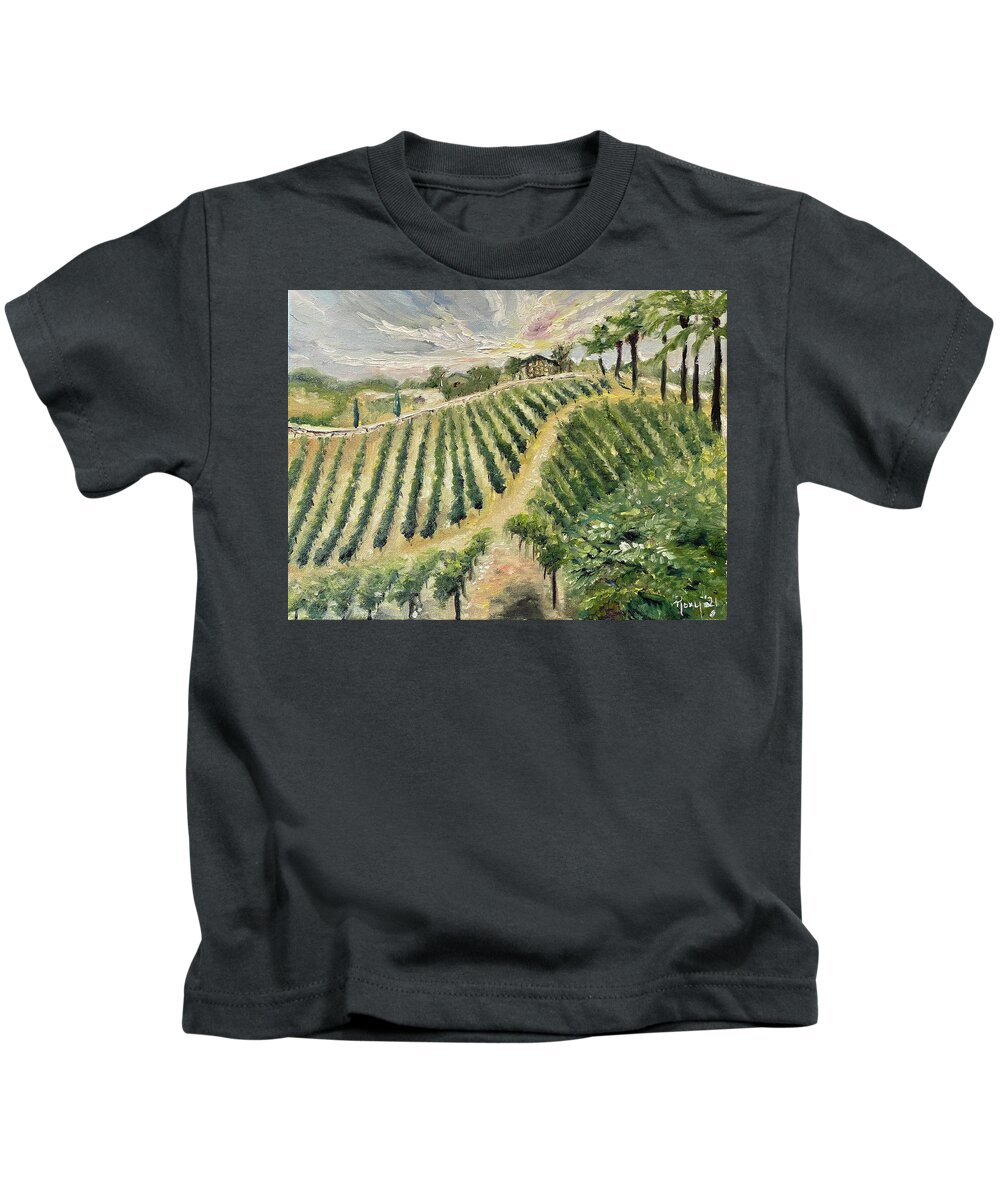 Vineyard Kids T-Shirt featuring the painting Brendas View at Lorenzi Estate Winery in Temecula by Roxy Rich