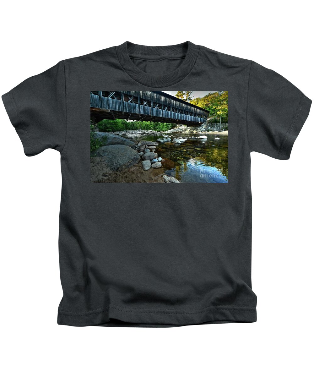 Albany Covered Bridge Kids T-Shirt featuring the photograph Bridge Over the Swift River by Steve Brown