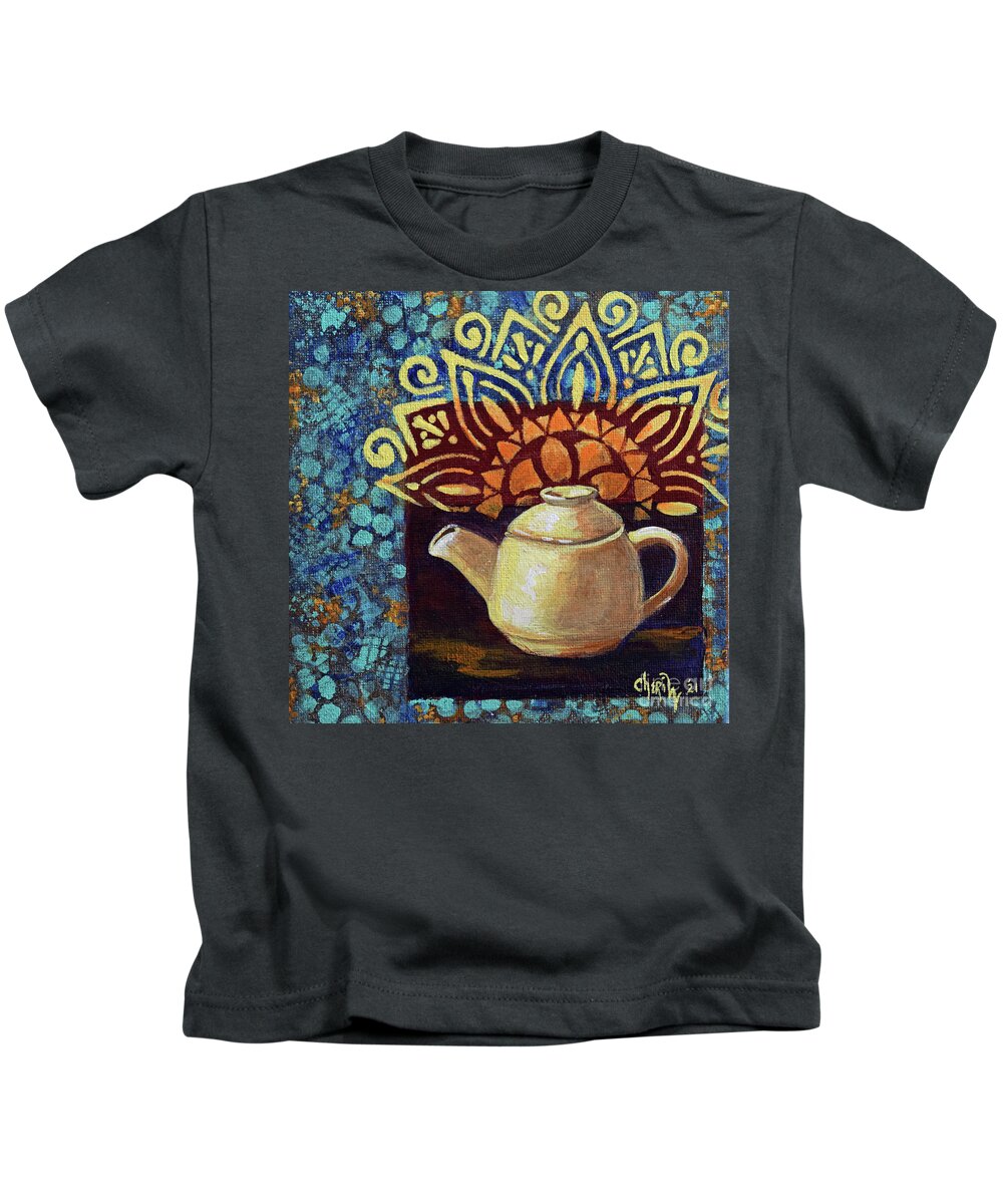 Teapot Print Kids T-Shirt featuring the mixed media Bright Morning Teapot by Cheri Wollenberg