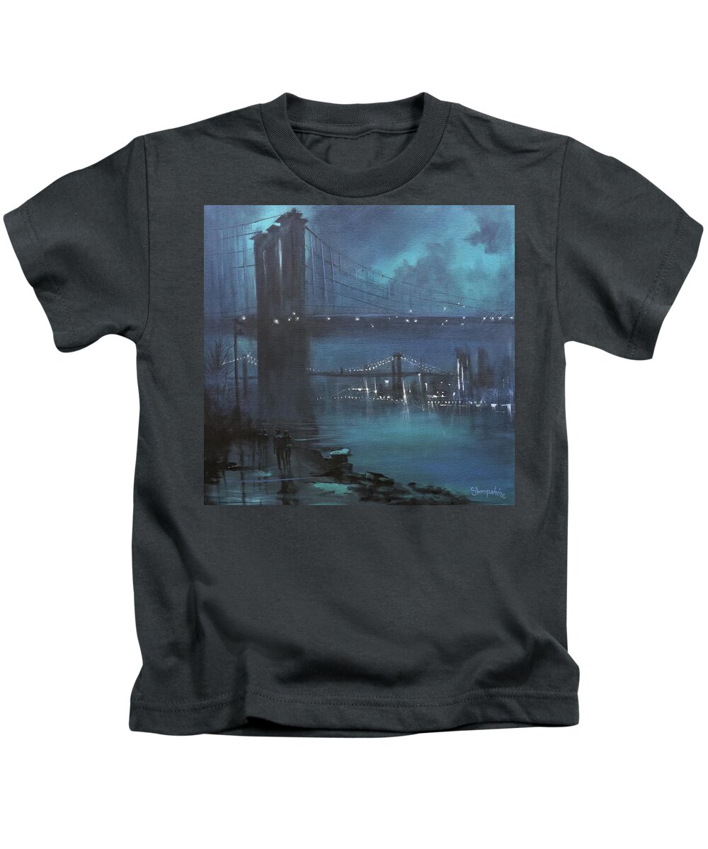 Brooklyn Bridge Kids T-Shirt featuring the painting Brooklyn Bridge In Fog by Tom Shropshire
