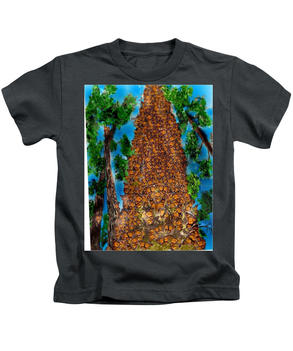 Sketch With Pencil Colored Digitally Oyamel Tree Butterfly Tree Kids T-Shirt featuring the mixed media Butterfly Haven by Pamela Calhoun