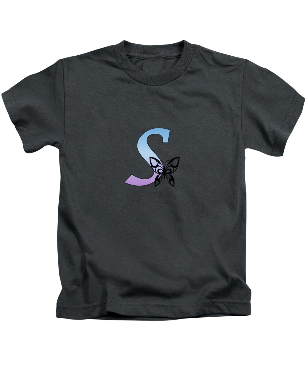 Monogram Kids T-Shirt featuring the digital art Butterfly Silhouette on Monogram Lower Case s Gradient Blue Purple by Ali Baucom