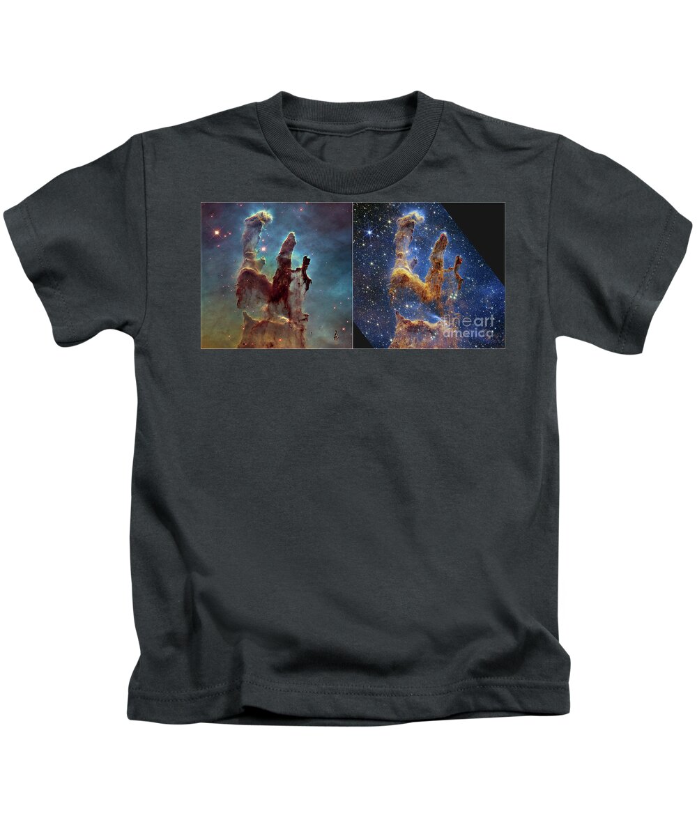 August Kids T-Shirt featuring the photograph Pillars of Creation, JWST and Hubble images by Science Photo Library
