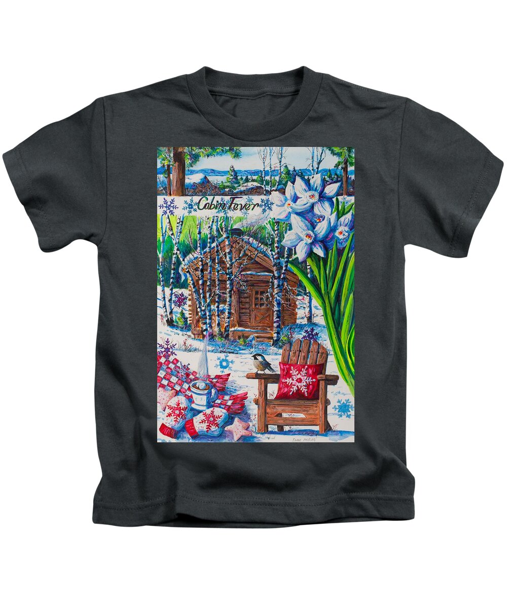 Log Cabin Kids T-Shirt featuring the painting Cabin Fever by Diane Phalen