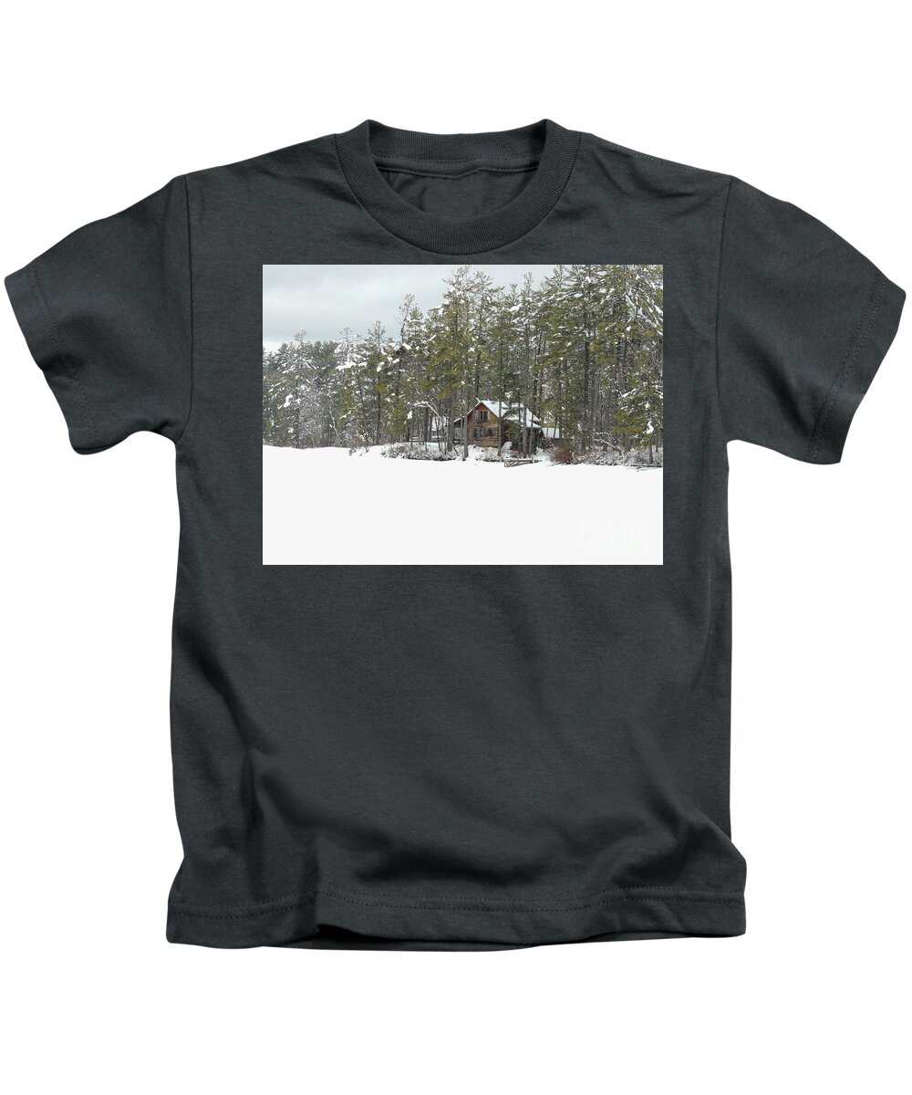  Lake Kids T-Shirt featuring the photograph Cabin In Winter by Marcia Lee Jones