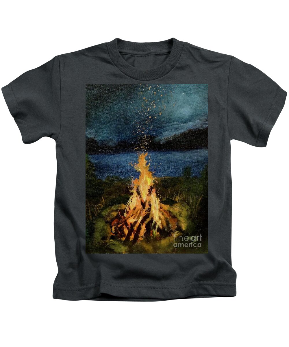 Waltmaes Kids T-Shirt featuring the painting Campfire on Lac Kipawa by Walt Maes