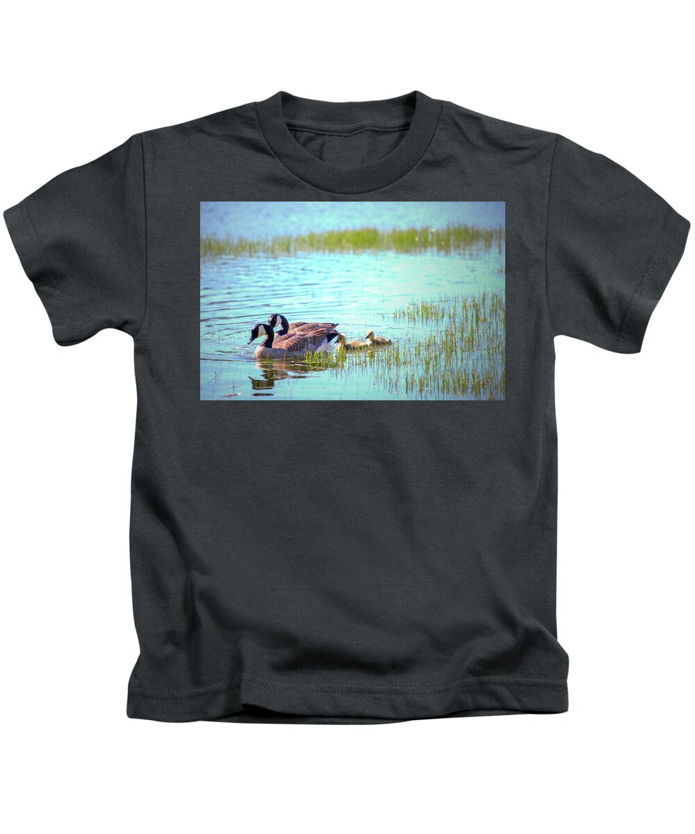 Geese Kids T-Shirt featuring the photograph Canadian Geese and Goslings by Sally Bauer