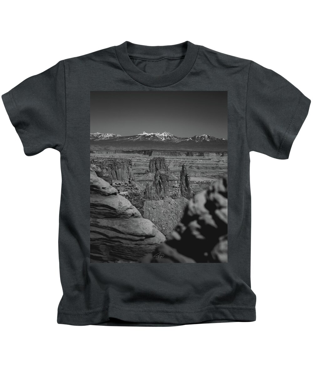  Kids T-Shirt featuring the photograph Canyonpeering BW by William Boggs