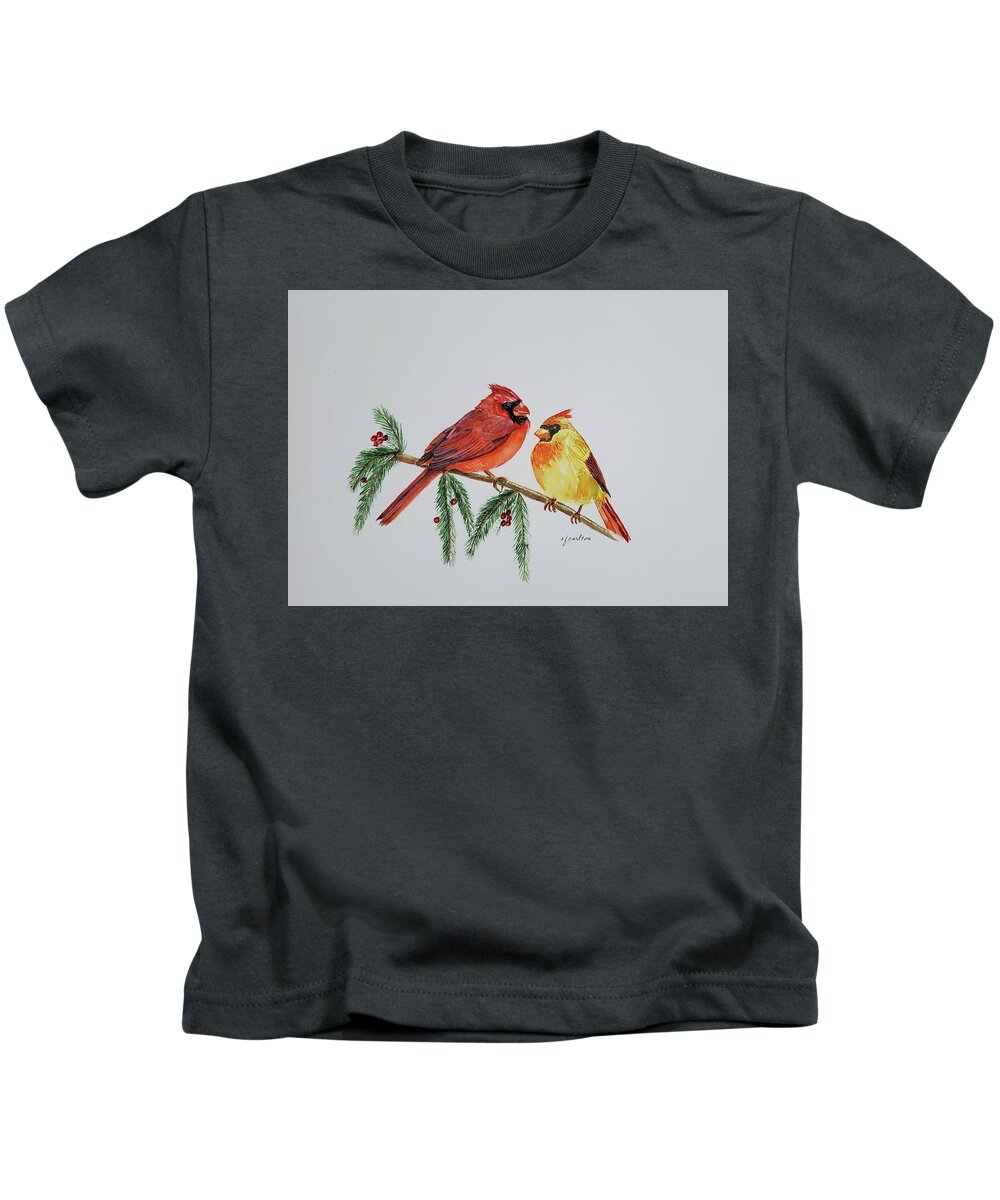 Cardinals Kids T-Shirt featuring the painting Cardinal Couple by Claudette Carlton