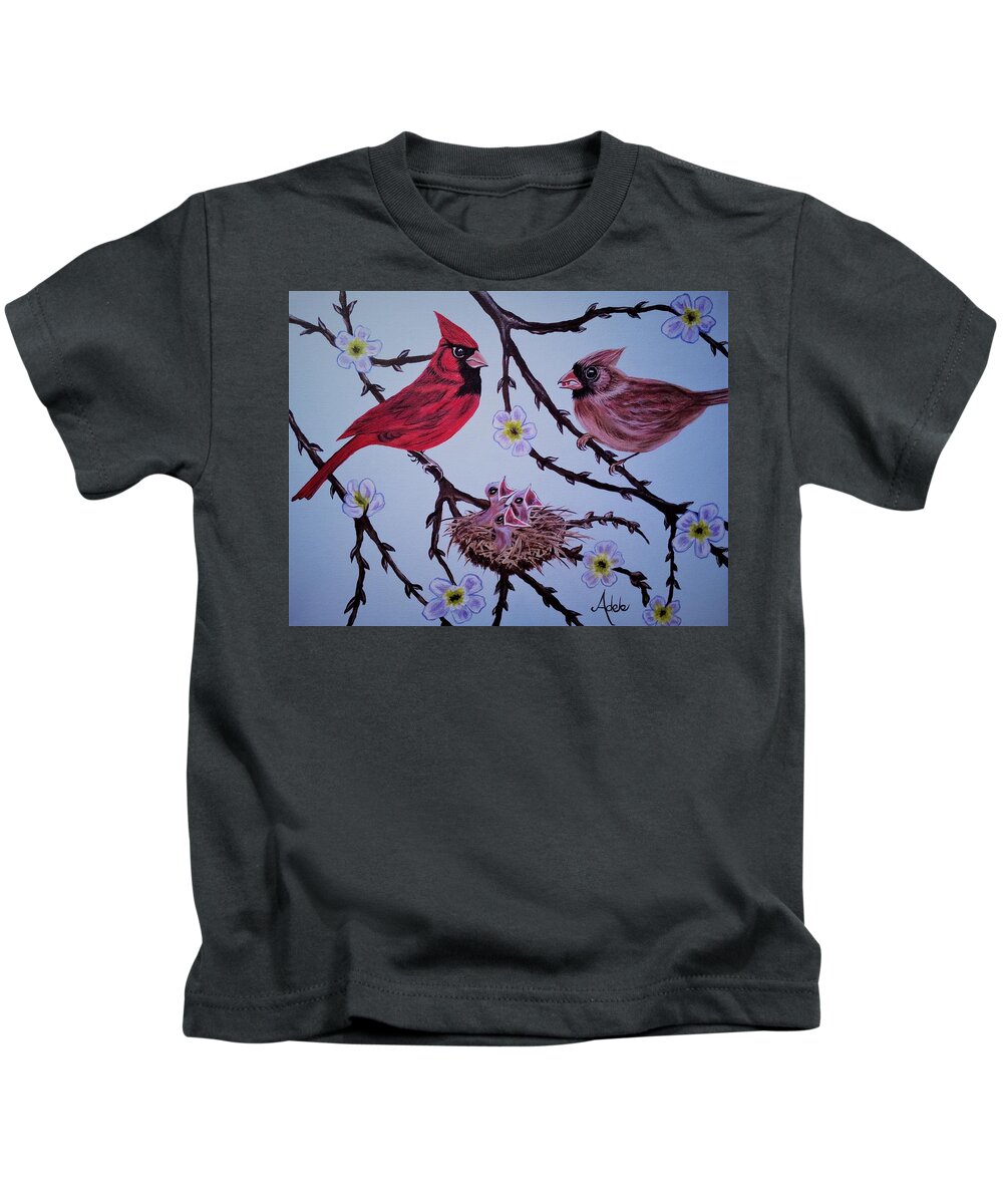 Cardinal Kids T-Shirt featuring the painting Cardinal Family Imagining the Future by Adele Moscaritolo