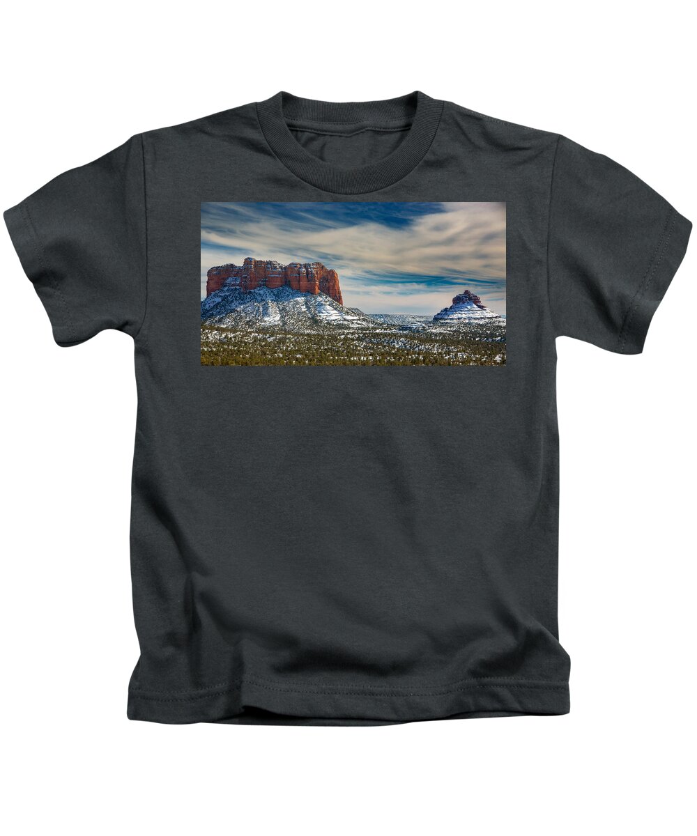 Castle Rock Bell Sedona Fstop101 Landscape Arizona Red Kids T-Shirt featuring the photograph Castle Rock and Bell Rock by Geno
