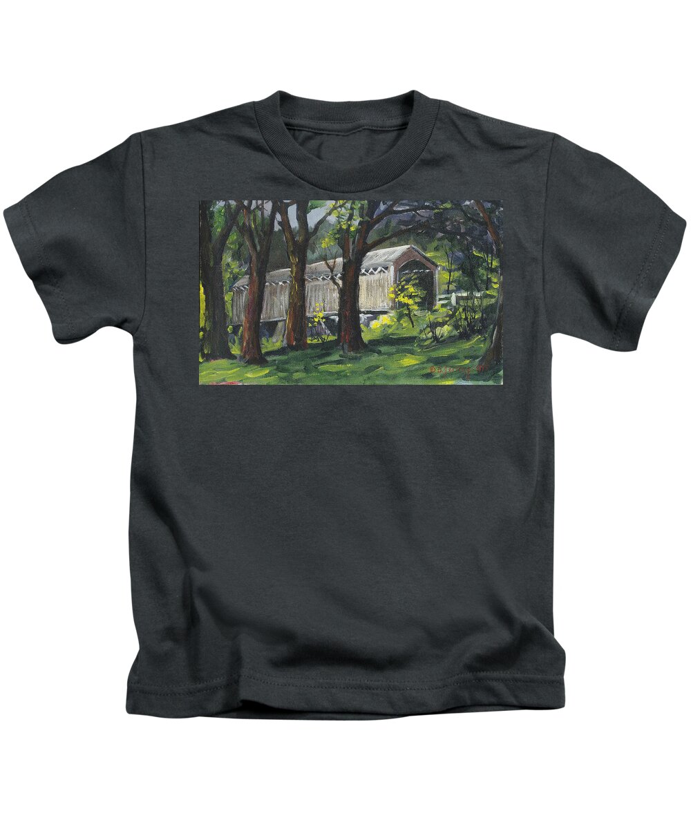 Covered Bridge Kids T-Shirt featuring the painting Cedarburg Covered Bridge by Douglas Jerving