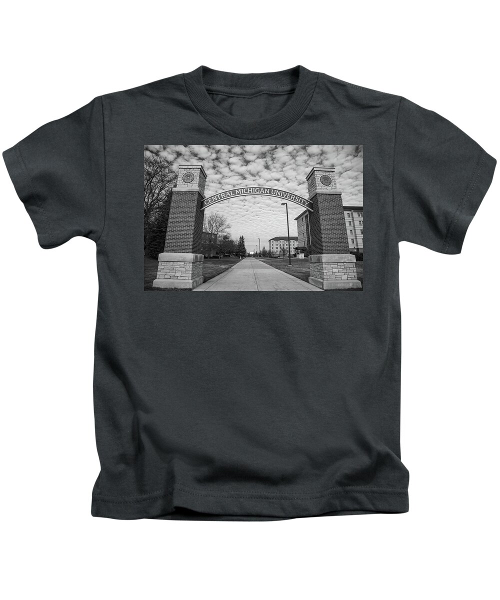 Central Michigan University Chippewas Kids T-Shirt featuring the photograph Central Michigan University Archway black and white by Eldon McGraw