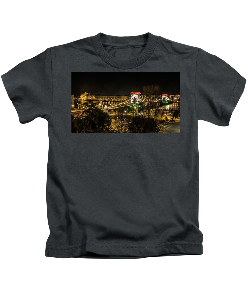 Budapest Kids T-Shirt featuring the photograph Chain Bridge lit up as the Hungarian Flag in Budapest by Tito Slack