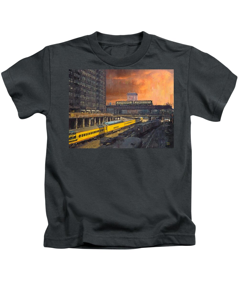 Chicago Kids T-Shirt featuring the painting Chicago 1957 The Hiawatha Leaves Union Station by Glenn Galen