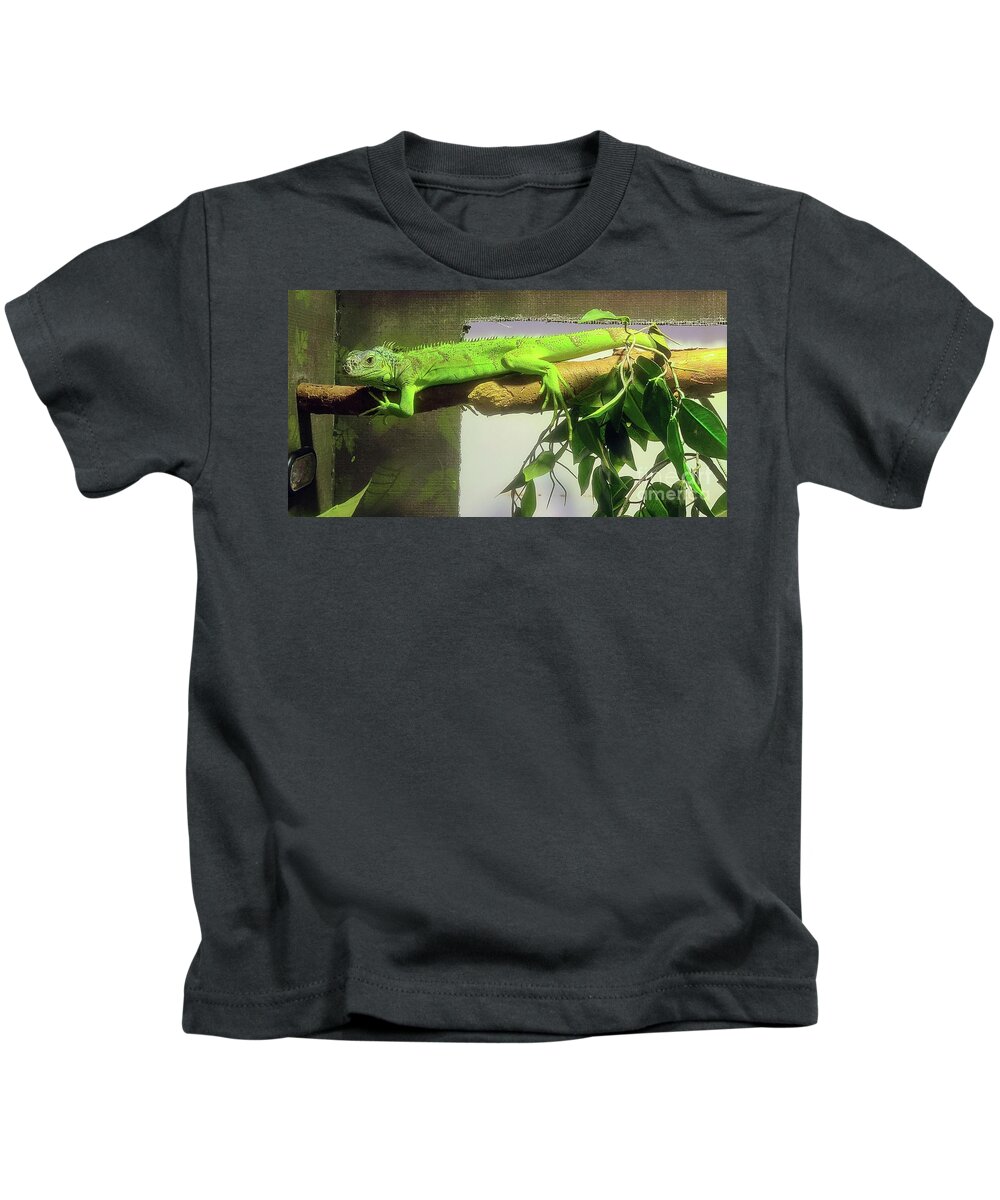 Iguana Green Kids T-Shirt featuring the photograph Chilling Iguana by Elena Pratt