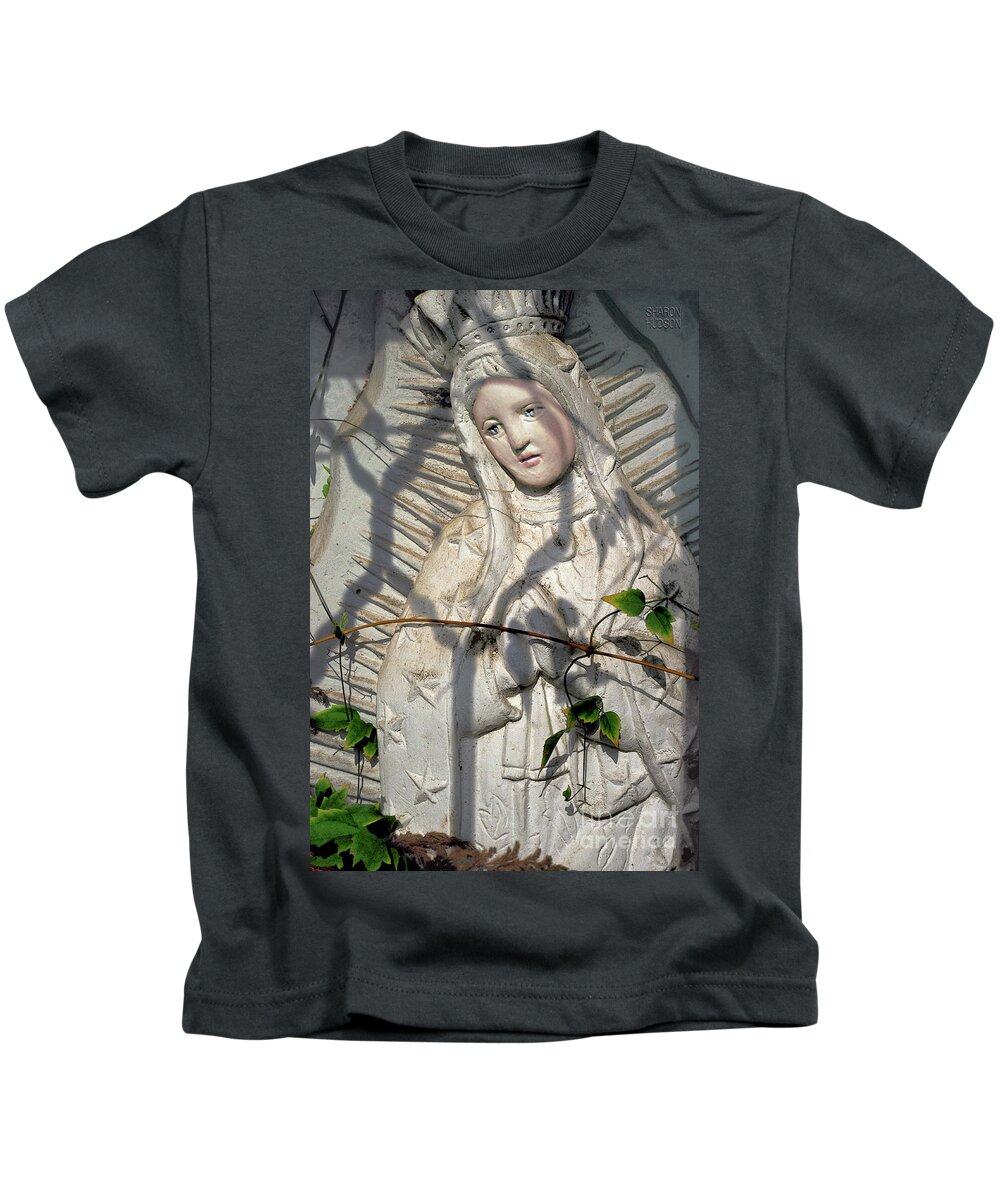 Virgin Of Guadalupe Kids T-Shirt featuring the photograph Christian sculpture - Virgin of Guadalupe by Sharon Hudson