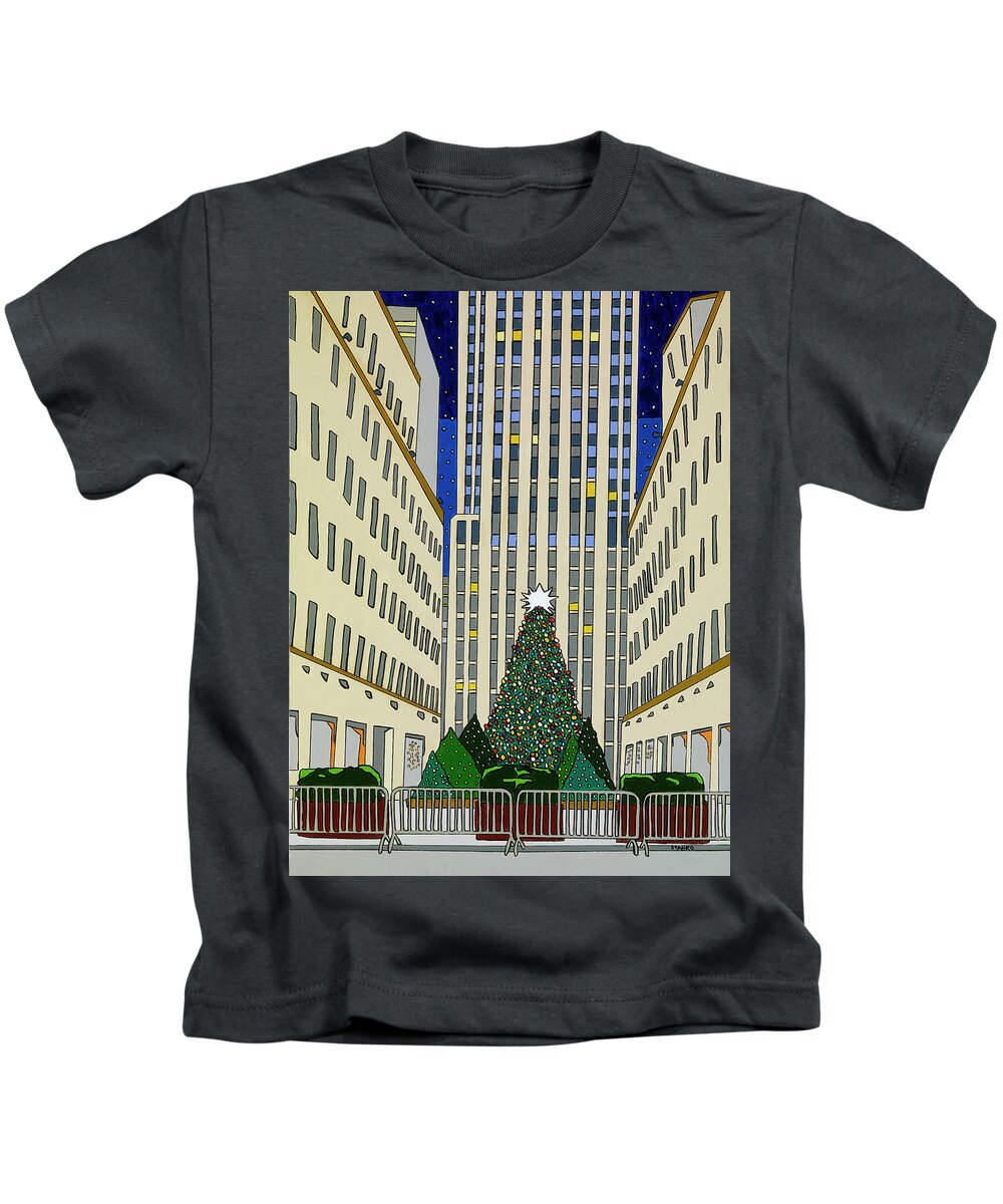 Rockefeller Center Christmas Tree New York City Christmas Kids T-Shirt featuring the painting Christmas at Rockefeller Center by Mike Stanko