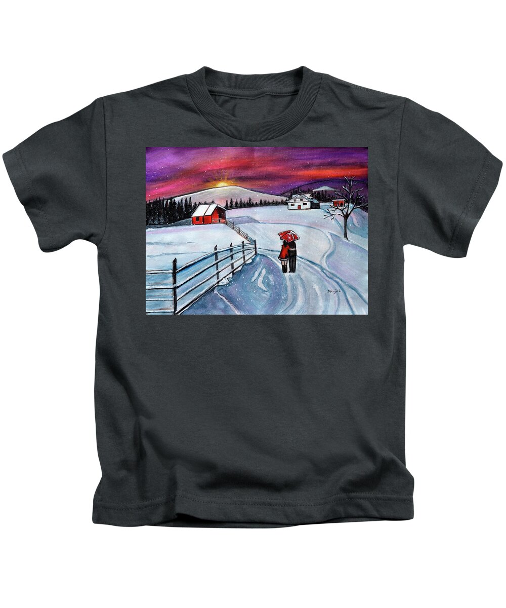 Romance Kids T-Shirt featuring the painting Christmas Romance in the snow acrylic winter painting by Manjiri Kanvinde
