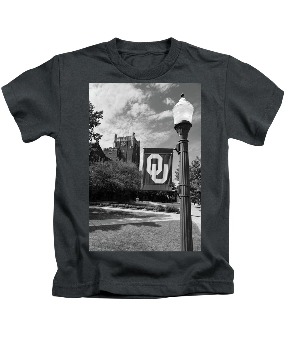 Big 12 Kids T-Shirt featuring the photograph Clara E. Jones Administration at University of Oklahoma in black and white by Eldon McGraw