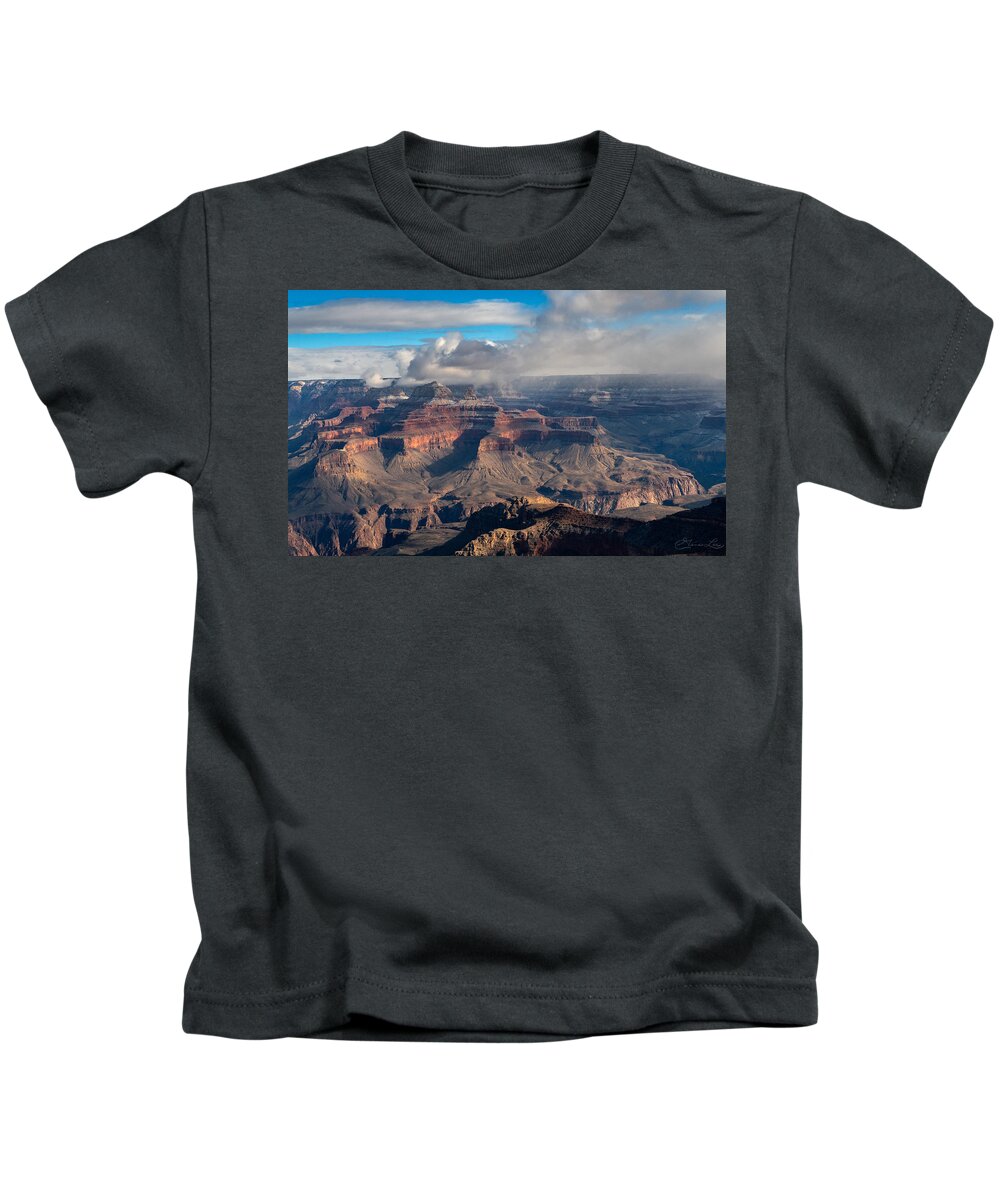Grand Canyon Arizona Clouds Landscape Fstop101 Desert Cliffs Colorful Ancient Kids T-Shirt featuring the photograph Cloudy Grand Canyon by Geno Lee