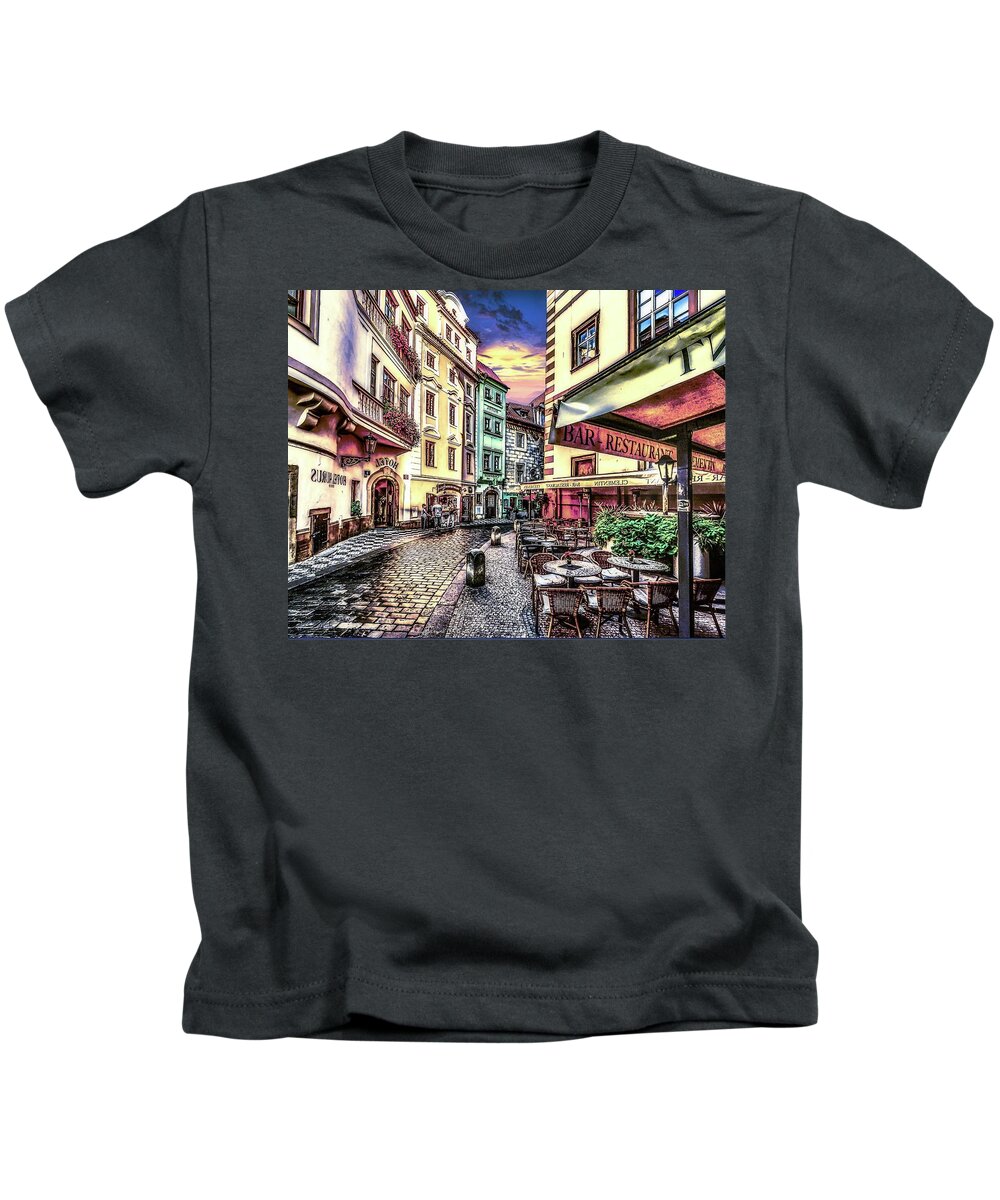 Europe Kids T-Shirt featuring the digital art Cobblestone Cafe by Norman Brule