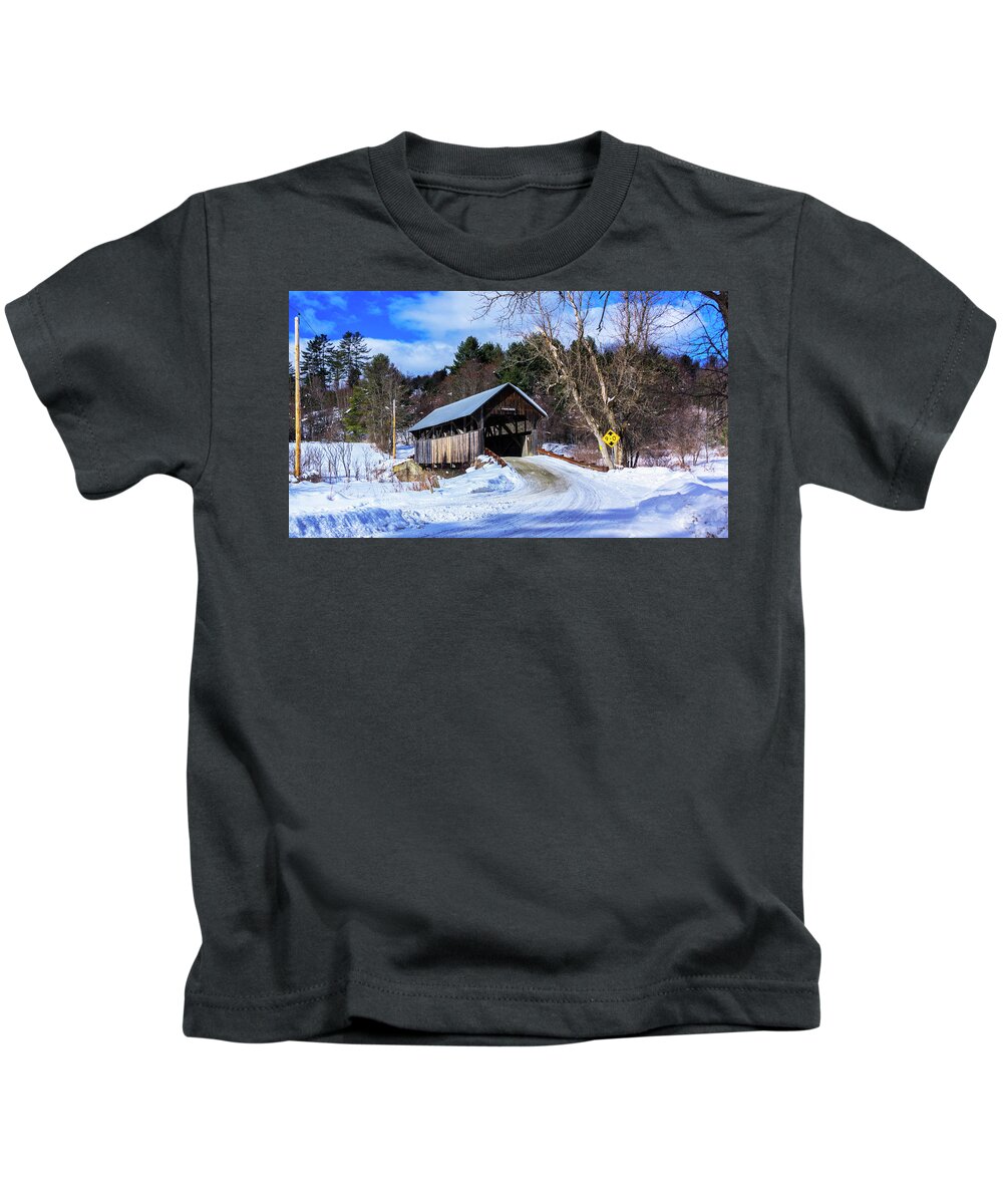New England Kids T-Shirt featuring the photograph Coburn Covered Bridge in East Montpelier Vermont by New England Photography