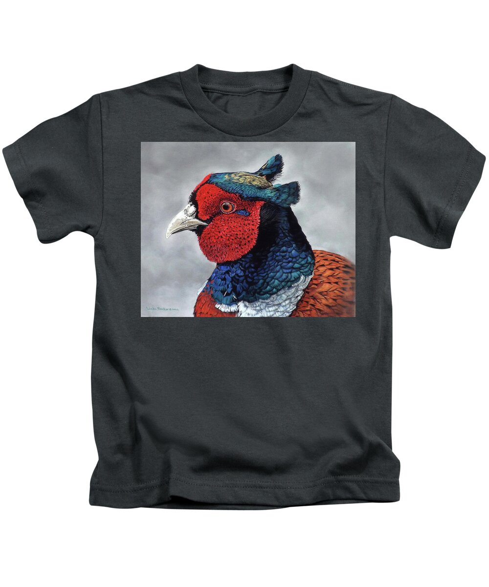 Pheasant Kids T-Shirt featuring the painting Cocky by Linda Becker