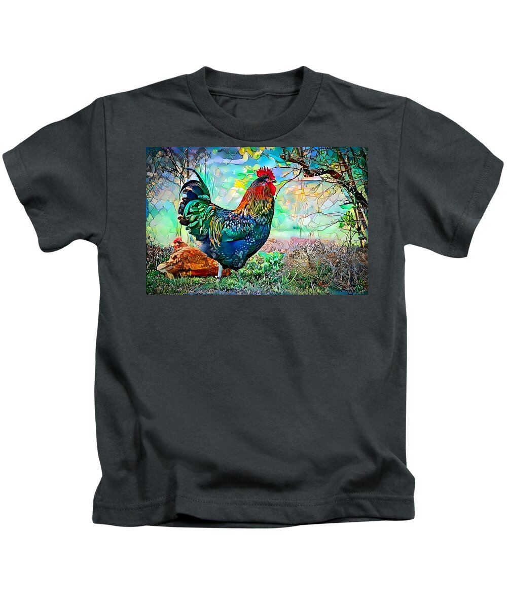 Rooster Kids T-Shirt featuring the mixed media Cogburn and the Mrs. by Debra Kewley