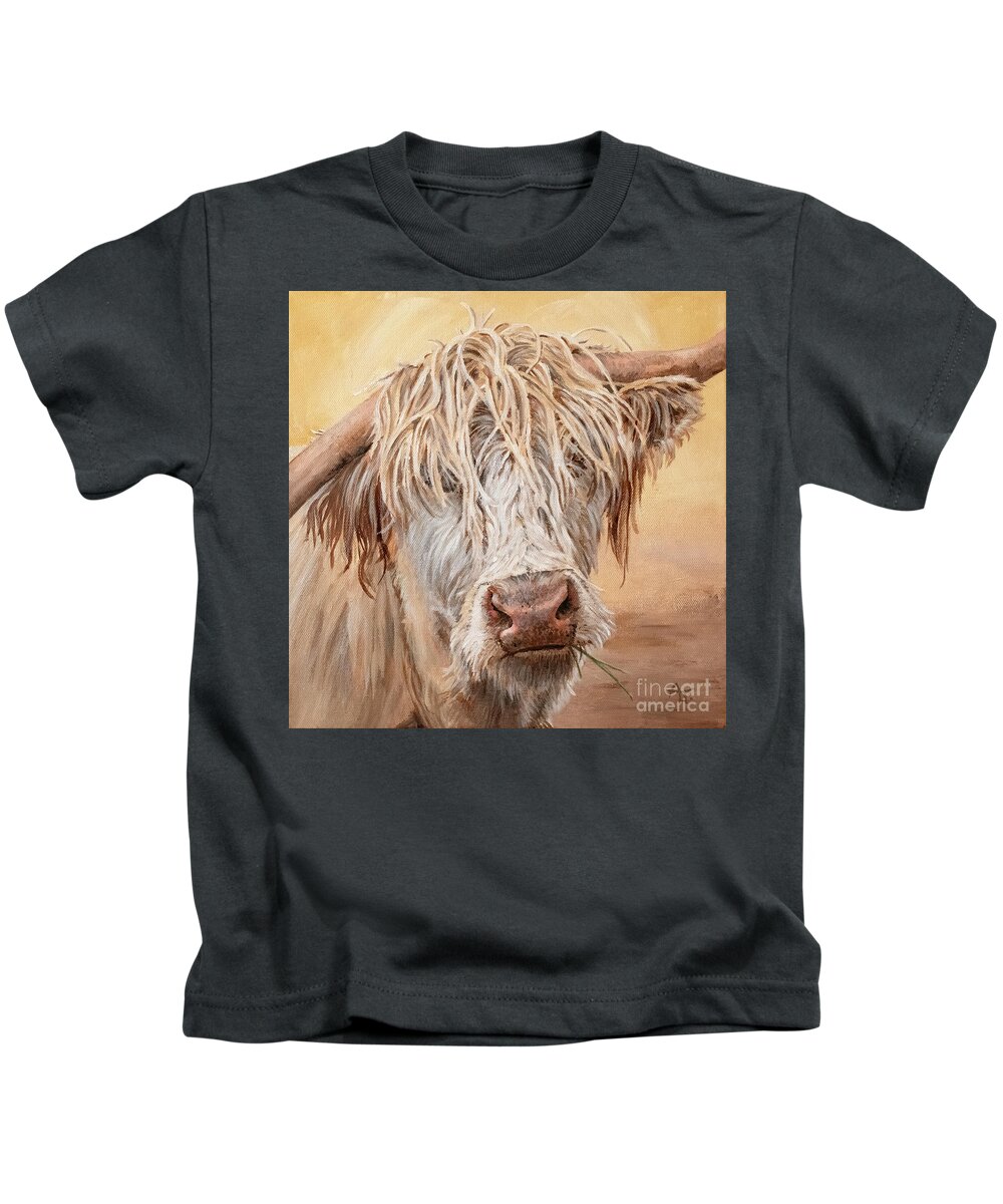 Cow Kids T-Shirt featuring the painting Comb Over - Highland Cow Painting by Annie Troe