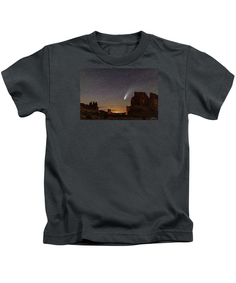 Moab Kids T-Shirt featuring the photograph Comet NEOWISE from Arches National Park by Dan Norris