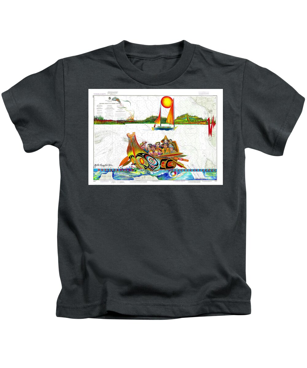 Canoe Journey Kids T-Shirt featuring the drawing Conflict on the Horizon by Robert Running Fisher Upham