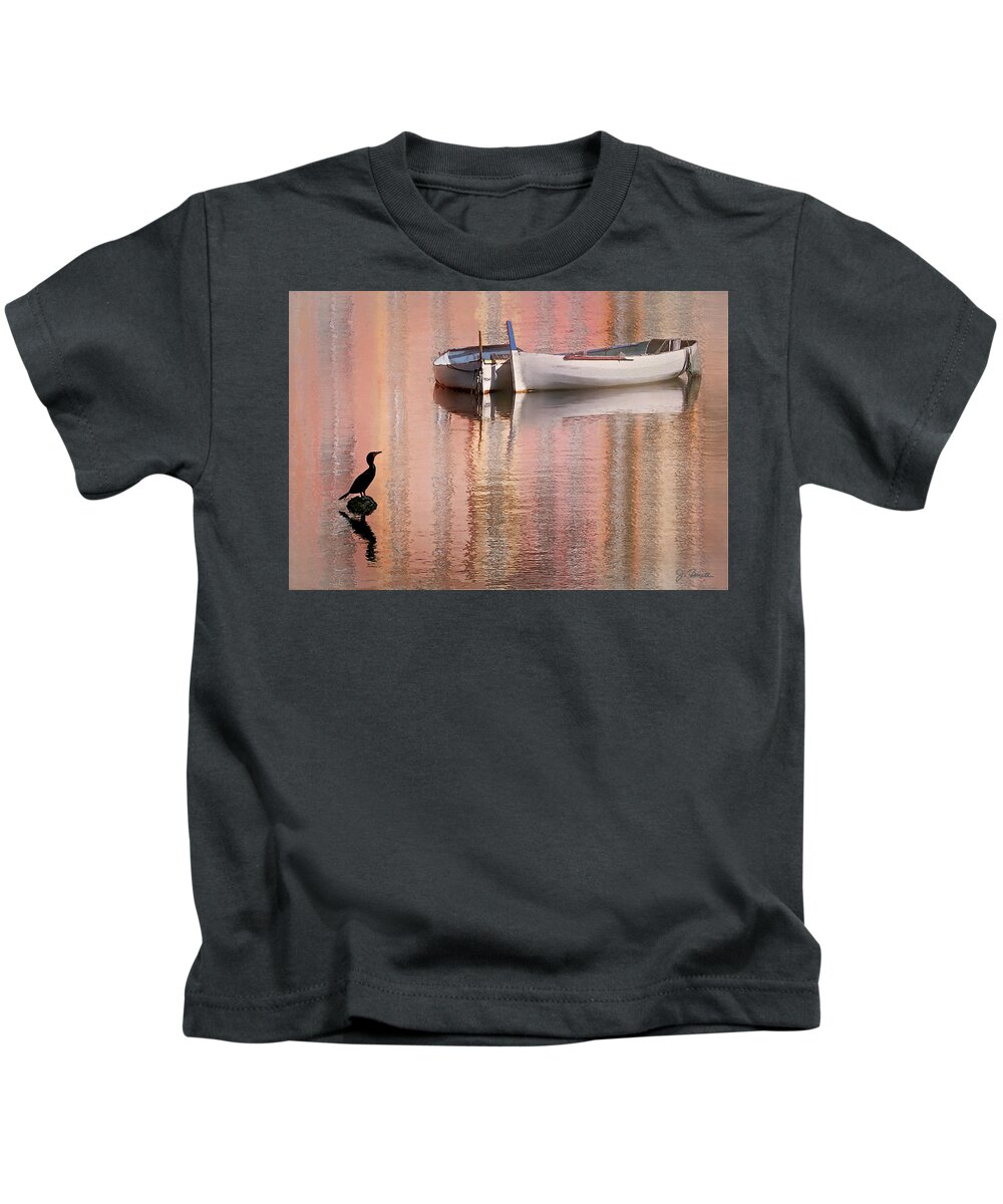 Cormorant Kids T-Shirt featuring the photograph Cormorant and Boats by Joe Bonita