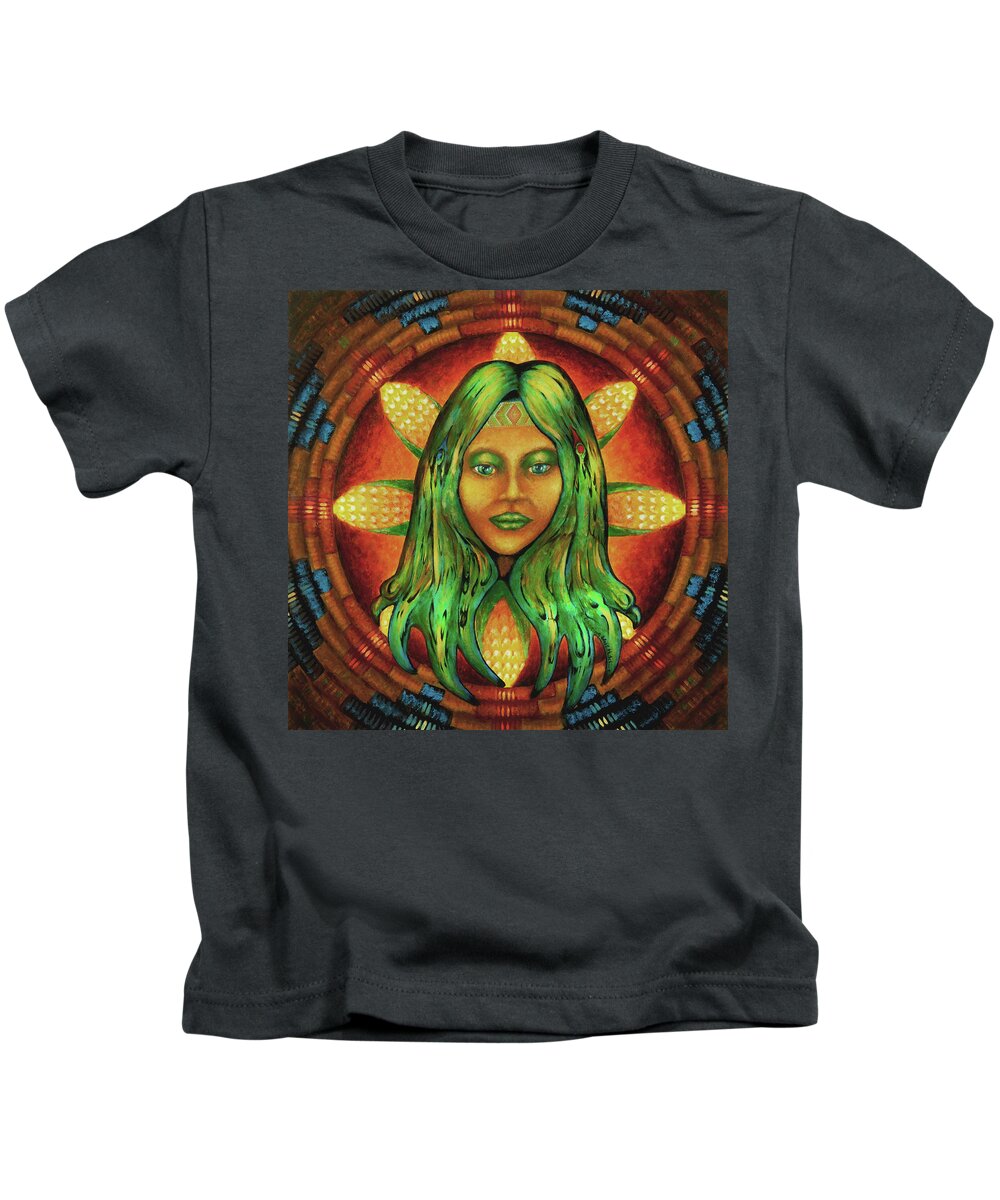 Native American Kids T-Shirt featuring the painting Corn Maiden by Kevin Chasing Wolf Hutchins