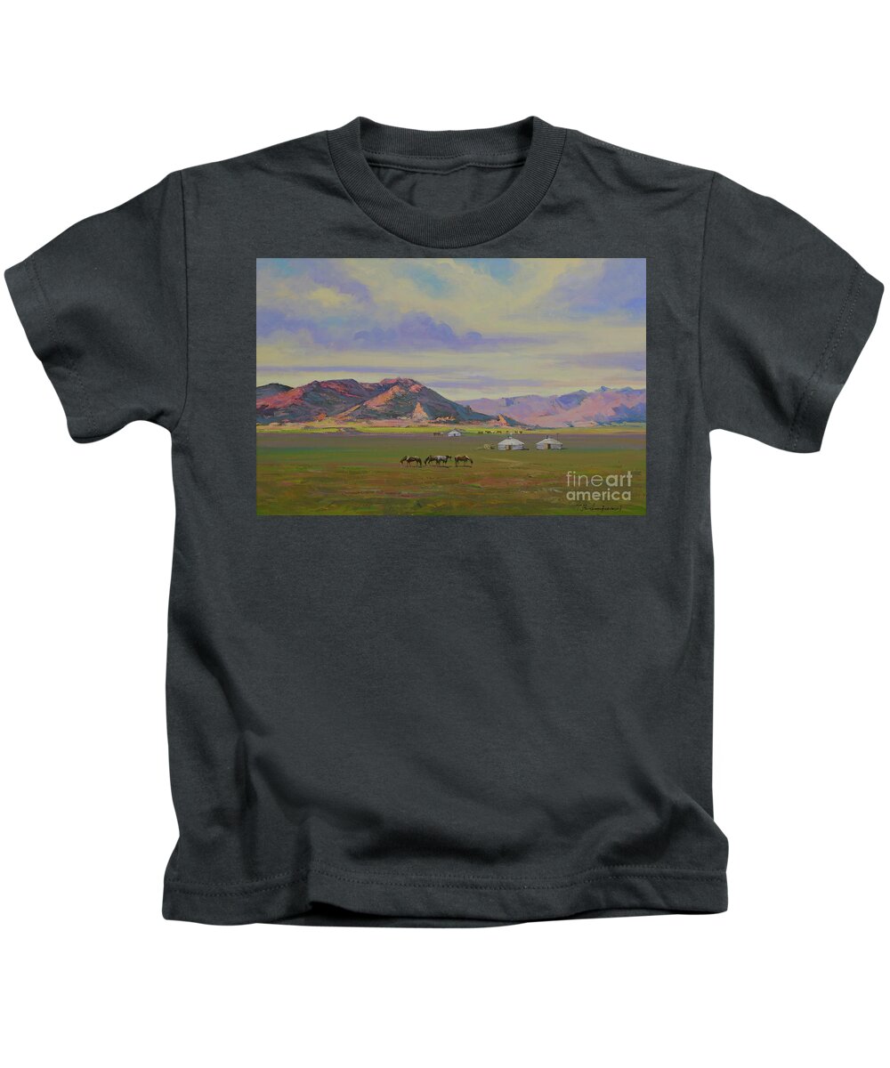 Countryside Kids T-Shirt featuring the painting Countryside of Mongolia by Badamjunai Tumendemberel