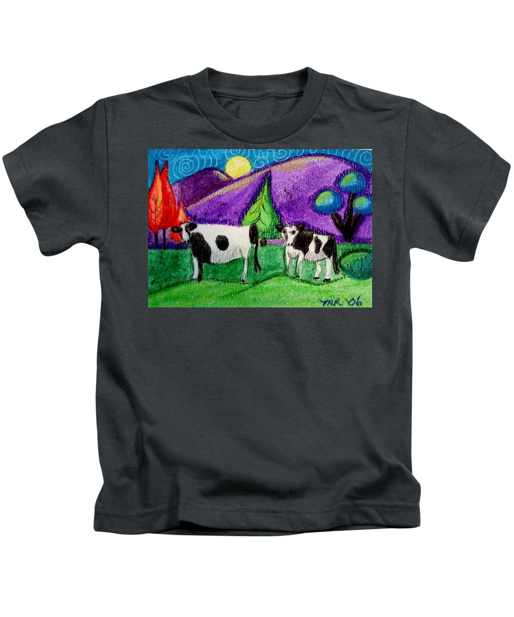 Whimsical Cow Painting Kids T-Shirt featuring the painting Cows Under The Moon by Monica Resinger
