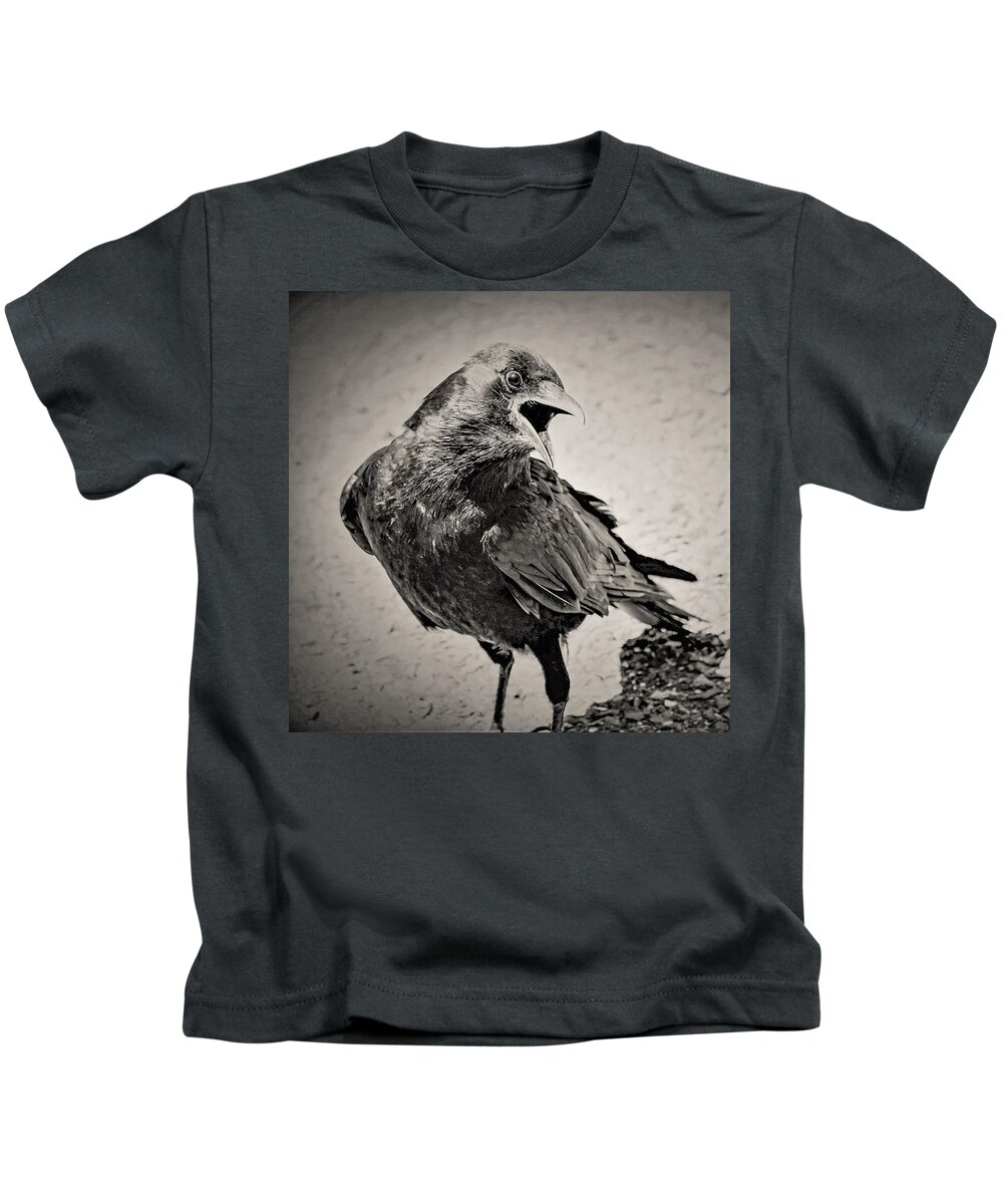 Crow Bird Black White Kids T-Shirt featuring the photograph Crow by John Linnemeyer