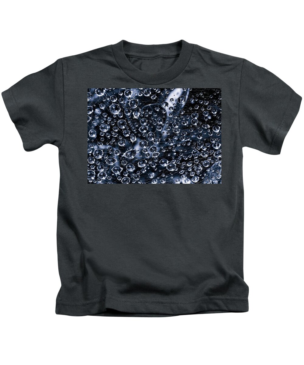 Clinging Kids T-Shirt featuring the photograph Cyanotype Spider Web Close-up with Dew Drops by Charles Floyd