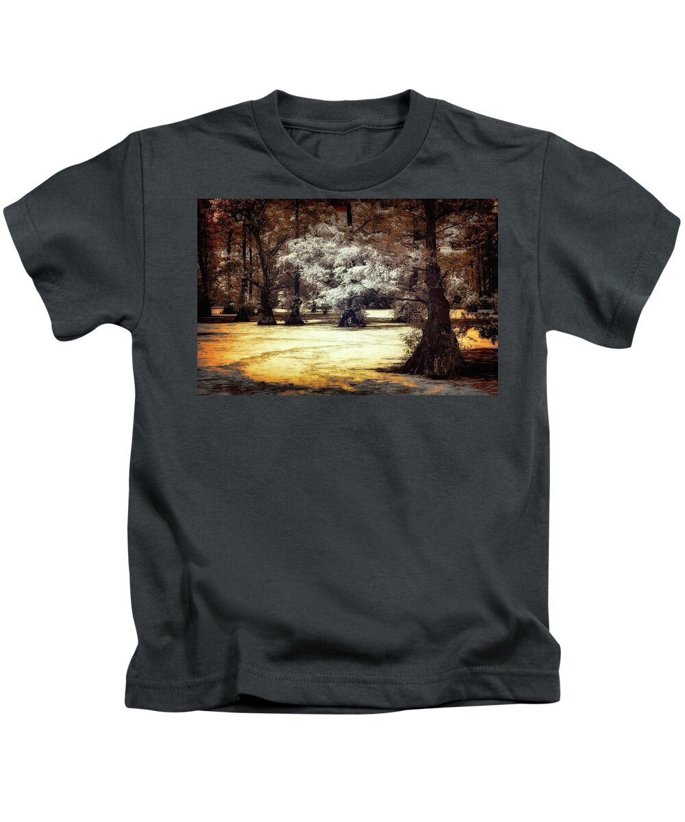 North Carolina Kids T-Shirt featuring the photograph Cypress Forest bw fx by Dan Carmichael