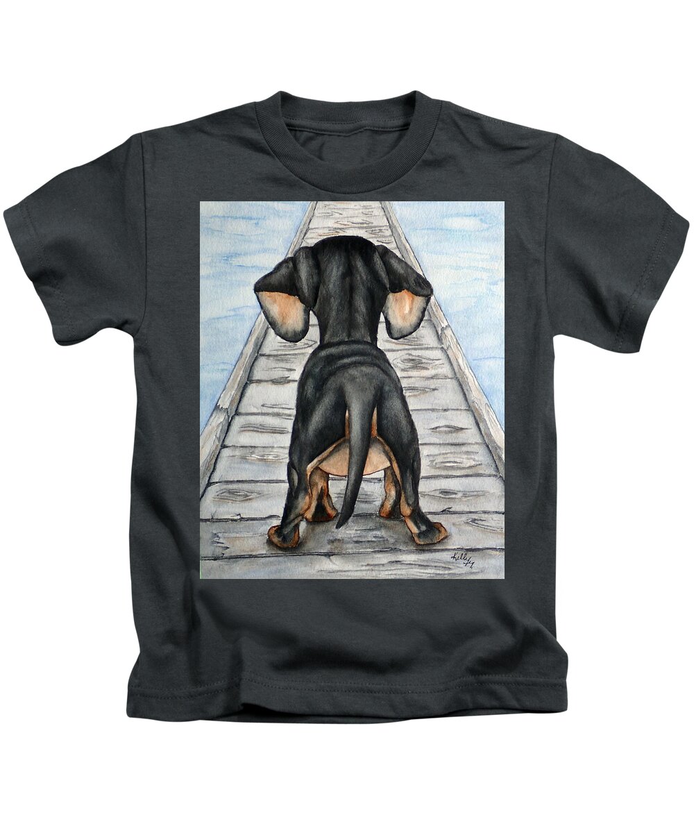 Dachshund Kids T-Shirt featuring the painting Dachshund... Down on the Boardwalk by Kelly Mills
