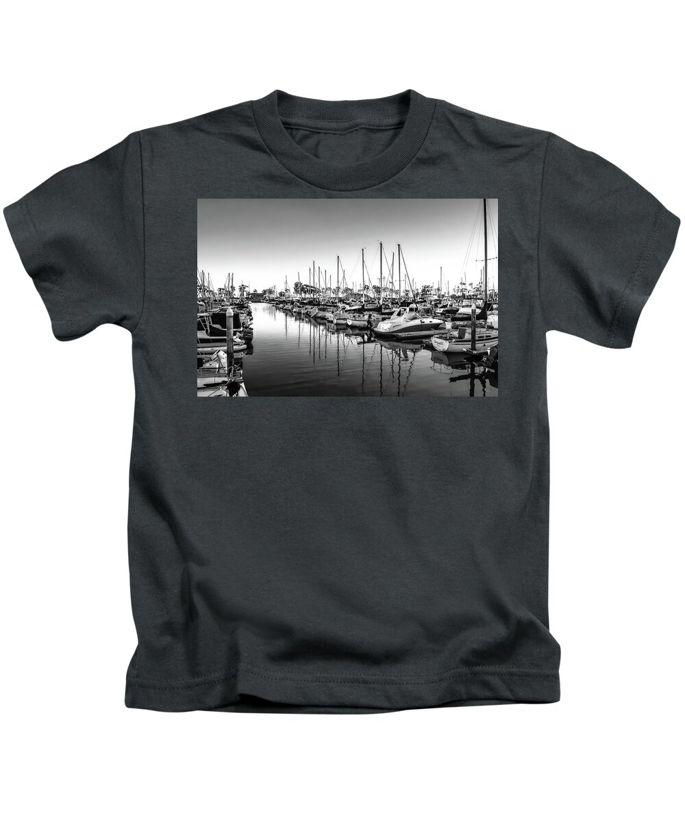 Dana Point Kids T-Shirt featuring the photograph Dana Point Harbor in Black and White by Rebecca Herranen