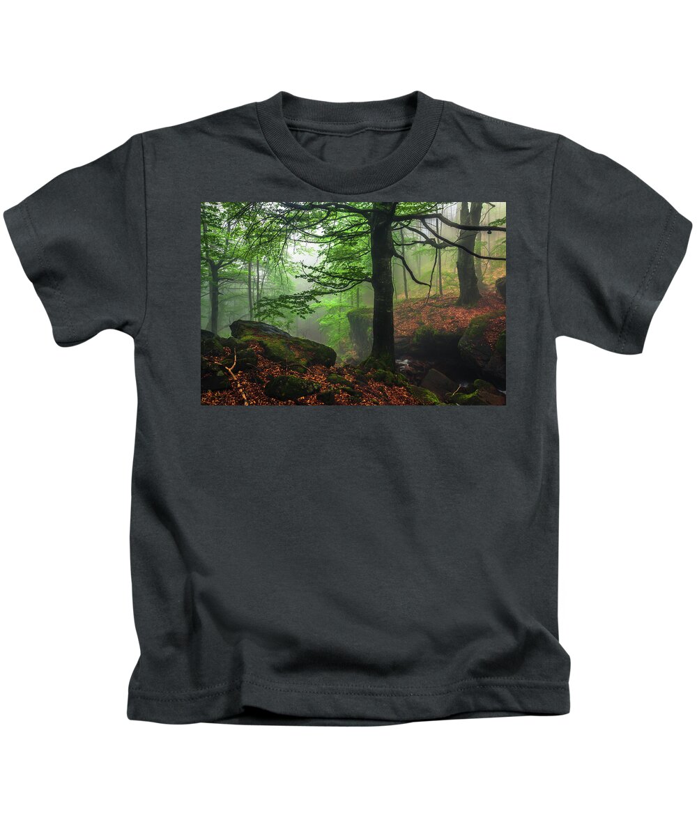 Fog Kids T-Shirt featuring the photograph Dark Forest by Evgeni Dinev