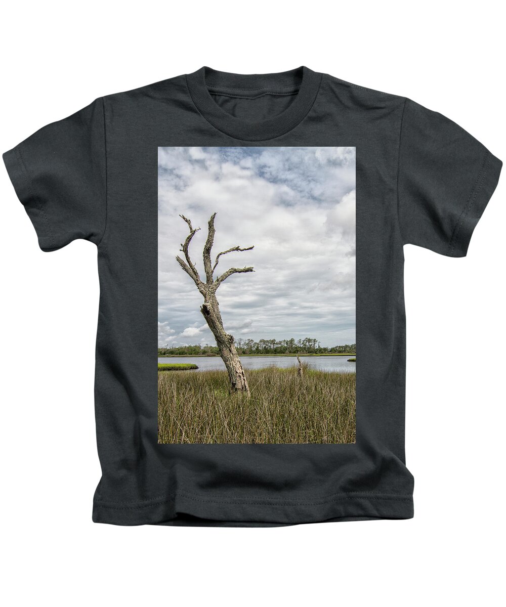 Tideland Trail Kids T-Shirt featuring the photograph Dead Tree In the Marsh Along the Tideland Trail by Bob Decker