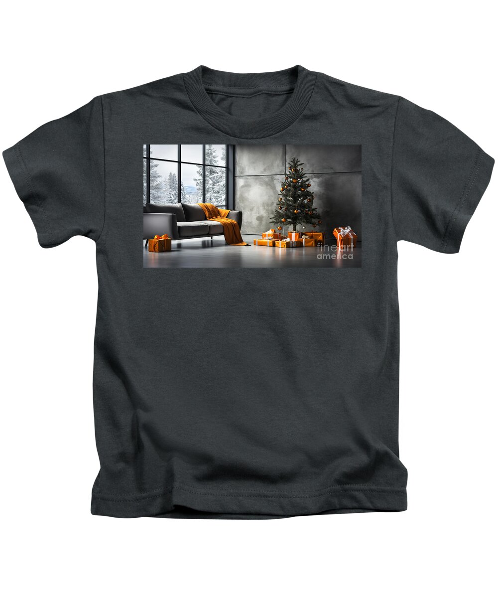 Christmas Kids T-Shirt featuring the digital art Decorated Christmas tree with orange gift boxes in a gray living room. by Odon Czintos